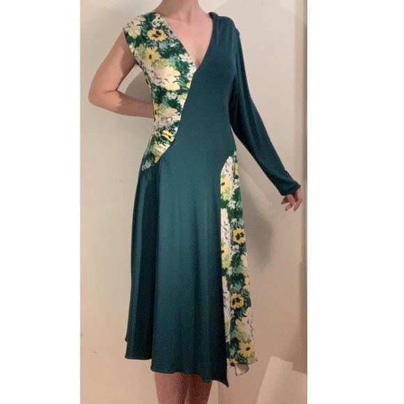 NWOT Zara Teal Green/Floral Asymmetric Dress- Size XS - Picture 3 of 8